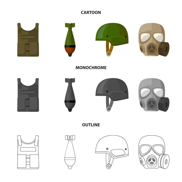 Kulka důkaz vestu, důl, helma, plynovou masku. Armáda a armáda sada kolekce ikon v karikatuře, obrys, monochromatické stylu vektor symbol akcií ilustrace web. — Stockový vektor