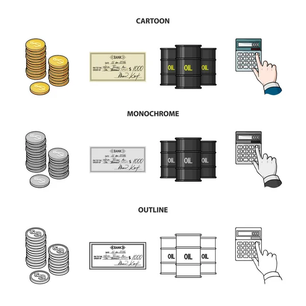 Una pila di monete, un assegno bancario, una calcolatrice, oro nero. Moneta e finanza set icone di raccolta in cartone animato, contorno, stile monocromatico vettore simbolo stock illustrazione web . — Vettoriale Stock