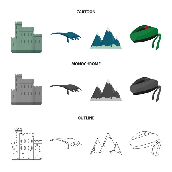 Edinburgh-i kastély, Loch Ness-i szörny, Grampian hegység, nemzeti cap balmoral, tam o shanter. Skócia készlet ikonok gyűjtemény rajzfilm, vázlat, fekete-fehér stílus vektor szimbólum stock illusztráció web. — Stock Vector