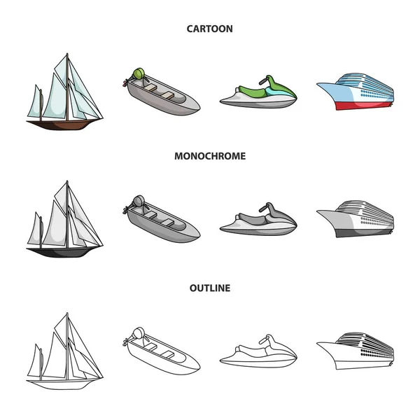 Древние парусник, моторная лодка, скутер, морской лайнер. Корабли и водный транспорт набор иконки сбора в мультфильме, очертания, векторные символы векторного стиля паутины . — стоковый вектор