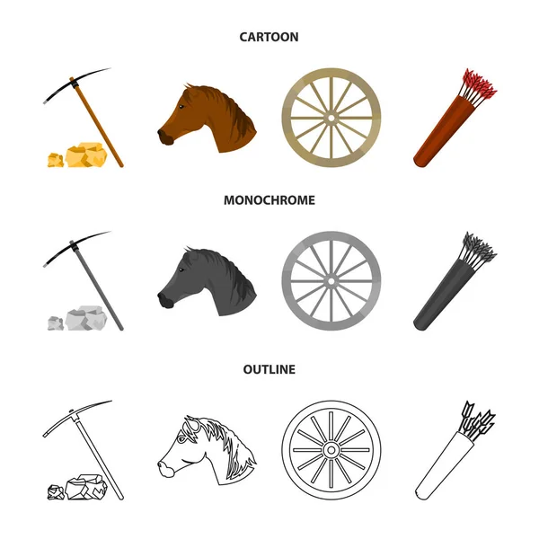 Zappa di piccone, testa di cavallo, carrello delle ruote, faretra con le frecce.Wild West set icone di raccolta in cartone animato, contorno, stile monocromatico vettore simbolo stock illustrazione web . — Vettoriale Stock