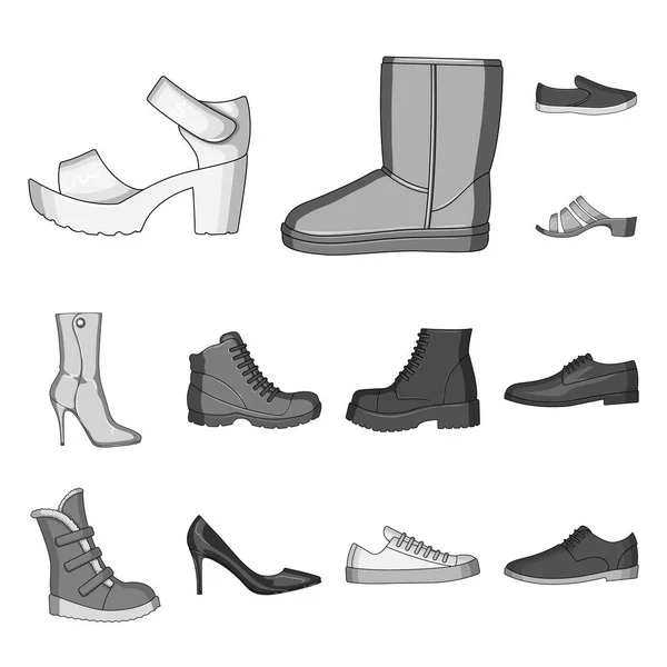Diferentes zapatos de iconos monocromáticos en colección de conjuntos para el diseño. Hombres y mujeres zapatos vector símbolo stock web ilustración . — Archivo Imágenes Vectoriales