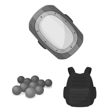 Paintball takım set koleksiyonu tasarım için oyun tek renkli simgeler. Ekipman ve kıyafet sembol stok web illüstrasyon vektör.