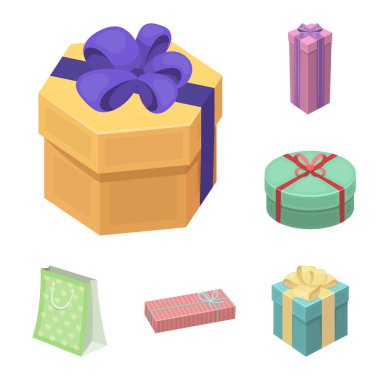 Hediye ve set koleksiyonu tasarım için karikatür simgeleri ambalaj. Renkli ambalaj sembol stok web illüstrasyon vektör.