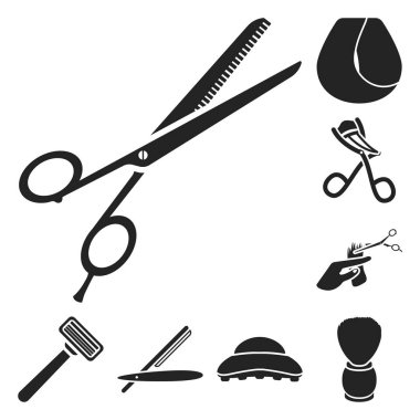 Kuaför ve araçları set koleksiyonu tasarım için simgeler siyah. Meslek Kuaför vektör simge stok web çizimi.