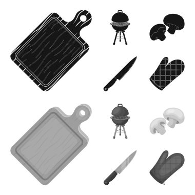 Barbekü Izgara, petrol, bıçak, Barbekü mitten. Barbekü küme toplama simgeler siyah, tek renkli stil vektör simge stok çizimde web