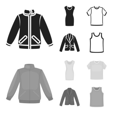 A mans ceket, bir tunik, bir tişört, bir takım elbise. Giysi toplama simgeler siyah, monochrom stil vektör simge stok çizim web içinde ayarla..
