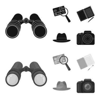 Kamera, Büyüteç, şapka, defter kalem ile. Dedektif toplama simgeler siyah, tek renkli stil vektör simge stok çizim web içinde ayarla..