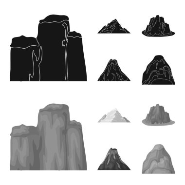 Dik kayalıklarla, volkanik bir patlama ile bir plaj, bir buzul dağ. Farklı dağlar toplama simgeler siyah, monochrom stil vektör simge stok çizim web içinde ayarla..