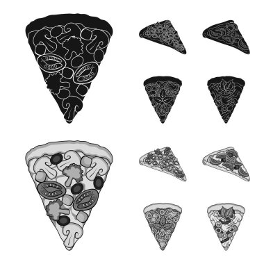 Bir dilim pizza farklı malzemelerle. Farklı pizza toplama simgeler siyah, tek renkli stil vektör simge stok çizim web içinde ayarla..