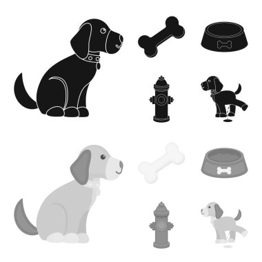 Bir kemik, bir yangın musluğu, bir kase gıda, pissing bir köpek. Köpek toplama simgeler siyah, tek renkli stil vektör simge stok çizim web içinde ayarla..