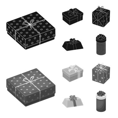 Fiyonklu hediye paketi hediye kutusu. Hediyeler ve sertifikaları toplama simgeler siyah, tek renkli stil vektör simge stok çizim web ayarla.