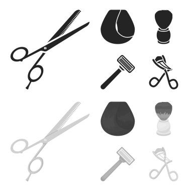 Makas, fırça, jilet ve diğer ekipmanlar. Kuaför toplama simgeler siyah, monochrom stil vektör simge stok çizimde ayarla. .