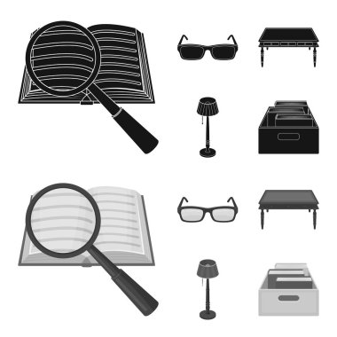 Gözlük, ahşap bir masa, bir zemin lamba, kitap olan bir kutu. Bir kütüphane ve bir kitapçı toplama simgeler siyah, tek renkli stil vektör simge stok çizim web ayarla.