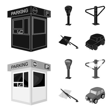 Bir park yeri, bir parkmetre, Hizmetleri için bir çek, bir engel. Buraya park edilmez toplama simgeler siyah, monochrom stil vektör simge stok çizim web içinde ayarla..