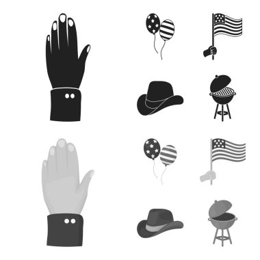 Balonlar, ulusal bayrak, kovboy şapkası, el palm. Vatansever gün toplama simgeler siyah, monochrom stil vektör simge stok çizim web içinde ayarla..