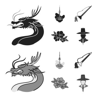 Bıyık, Seul Kulesi, ulusal müzik aleti, hibiscus çiçek ile Dragon. Güney Kore toplama simgeler siyah, monochrom stil vektör simge stok çizim web içinde ayarla..