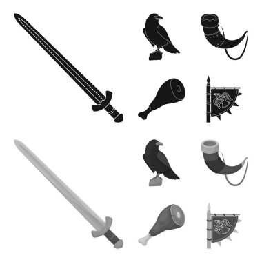 Karga, boynuz içki, jambon, zafer bayrak ile oturuyor. Vikingler toplama simgeler siyah, tek renkli stil vektör simge stok çizim web içinde ayarla..