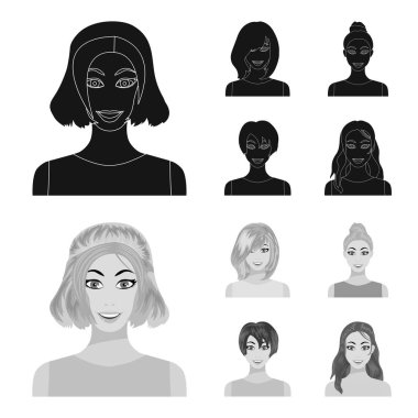 Kadın saç siyah, set koleksiyonu tasarım için monochrom simgeleri türleri. Bir kadın vektör simge stok web illüstrasyon görünümünü.