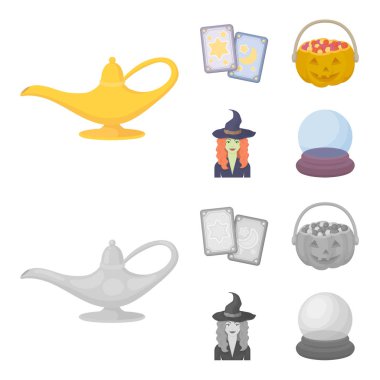Tarot kartları, tatil Cadılar Bayramı, sihirbaz şapkalı, kristal top. Siyah ve beyaz büyü toplama simgeler çizgi film, tek renkli stil vektör simge stok çizim web ayarla..