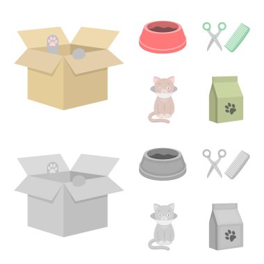 Gıda, bir kedi, hasta bir kedi, bir paket beslemeleri için saç kesimi ile bir kase. küme toplama simgeler karikatür, tek renkli stil vektör simge stok çizim web.