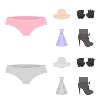 Külot, eldiven, elbise, şapka. Çizgi film, tek renkli stil vektör simge stok çizim web giyim koleksiyonu Icons set.