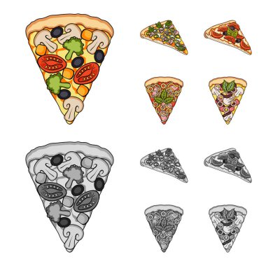 Bir dilim pizza farklı malzemelerle. Çizgi film, tek renkli stil vektör simge stok çizim web simgeler farklı pizza ayarla.
