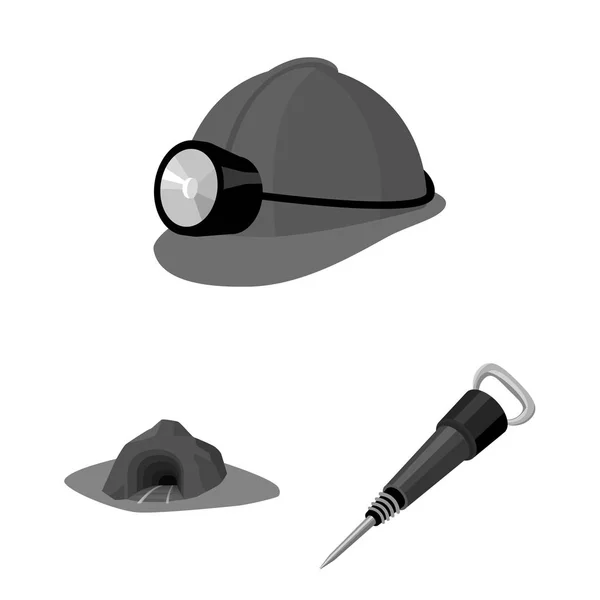 Monochrome Symbole aus der Bergbauindustrie in Set-Kollektion für Design. Geräte und Werkzeuge Vektor Symbol Stock Web Illustration. — Stockvektor