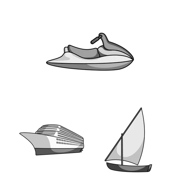 水と海は輸送モノクロのアイコン デザインのセットのコレクションです。様々 なボートや船のベクトル シンボル ストック web イラスト. — ストックベクタ