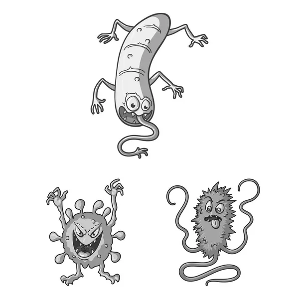 Tipos de iconos de dibujos animados de microbios divertidos en la colección de conjuntos para el diseño. Microbios patógenos vector símbolo stock web ilustración . — Archivo Imágenes Vectoriales