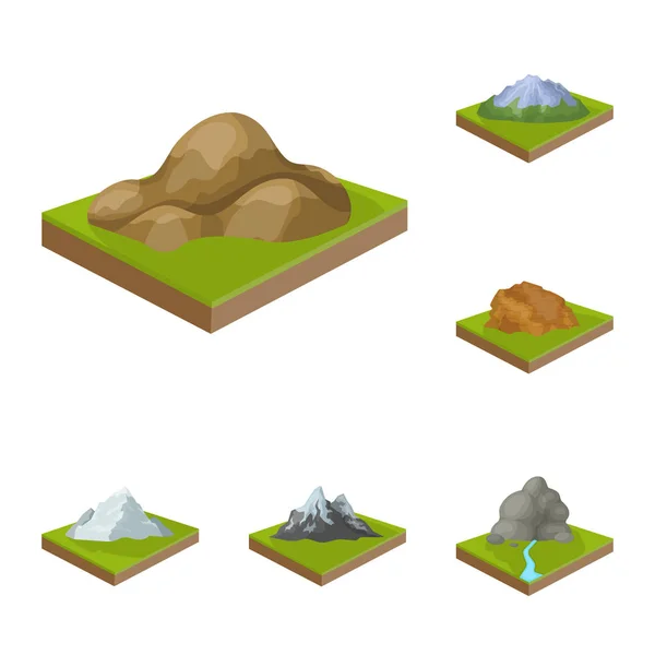 Montagne, icone dei cartoni animati massicce nella collezione di set per il design. La superficie del vettore terra simbolo isometrico stock web illustrazione . — Vettoriale Stock