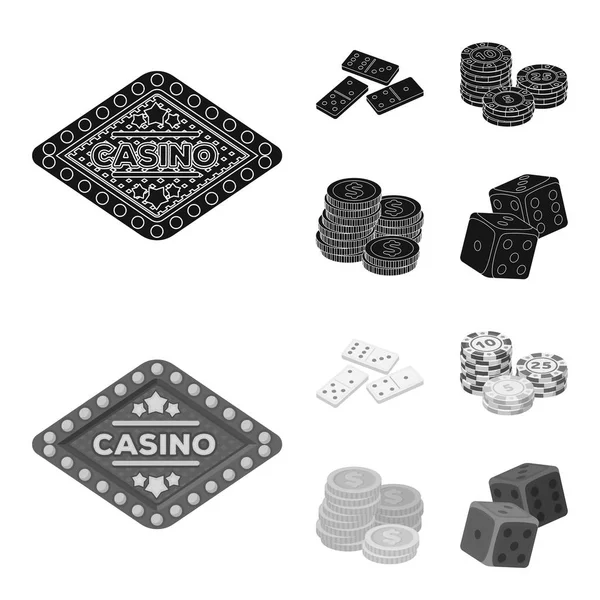 Кости домино, стопка фишек, куча монта, игральные блоки. Иконки коллекции казино и азартных игр в черном, монохромном стиле . — стоковый вектор
