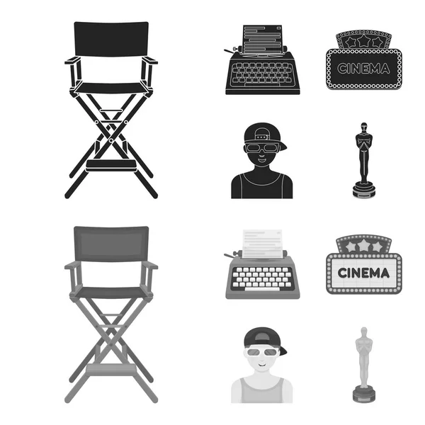 Chair of the director, typewriter, cinematographic signboard, film-man. Films and cinema set collection icons in black,monochrom style vector symbol stock illustration web. — Stock Vector