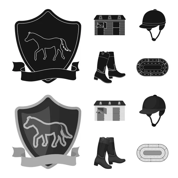 Stiefel, Gras, Stadion, Bahn, Ruhe. Hippodrom und Pferd Set Sammlung Symbole in schwarz, monochromen Stil Vektor Symbol Stock Illustration Web. — Stockvektor