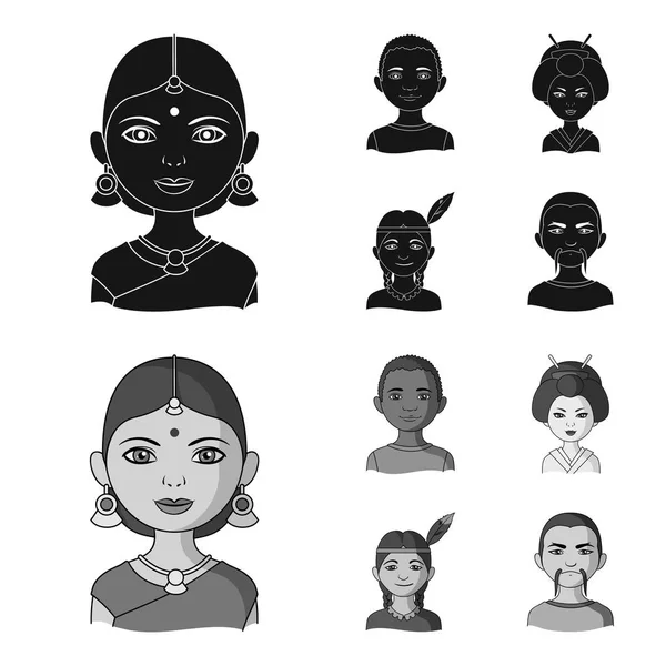 Mujer india, africana, japonesa, india. Iconos de colección de conjunto de raza humana en negro, monochrom estilo vector símbolo stock ilustración web . — Archivo Imágenes Vectoriales