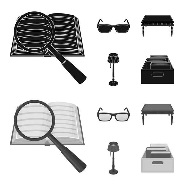 Gafas, una mesa de madera, una lámpara de pie, una caja con libros. Una biblioteca y una librería establecen iconos de colección en negro, el estilo monocromo vector símbolo stock ilustración web . — Vector de stock