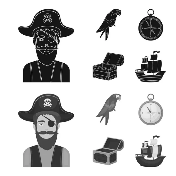 Pirat, bandyta, kapelusz, bandaż. Piraci zestaw kolekcji ikon w czarny, monochrom styl wektor symbol czas ilustracja web. — Wektor stockowy