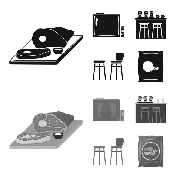TV, bar counter, chairs and armchairs, potato chips.Pub set collection icons in black,monochrome style vector symbol stock illustration web. — Stock Vector
