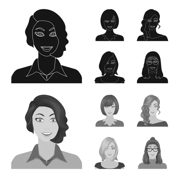 A aparência de uma mulher com um penteado, o rosto de uma menina. Ícones de coleção de conjunto de rosto e aparência em preto, estilo monocromático símbolo vetorial ilustração web . —  Vetores de Stock
