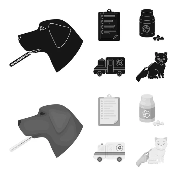 Hôpital, vétérinaire, chien, thermomètre. Ensemble clinique vétérinaire icônes de la collection en noir, symbole vectoriel de style monochrome illustration web . — Image vectorielle