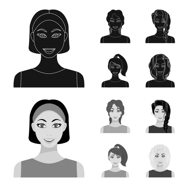 Tipos de penteados femininos preto, ícones monocromáticos na coleção de conjuntos para design. Aparência de uma mulher vetor símbolo web ilustração . —  Vetores de Stock