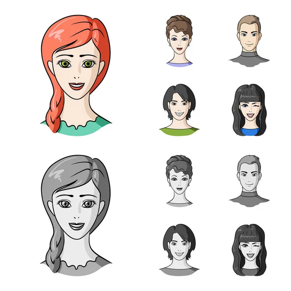 Diferentes miradas de los jóvenes.Avatar y iconos de la colección conjunto de caras en la historieta, el estilo monocromo vector símbolo stock ilustración web . — Vector de stock