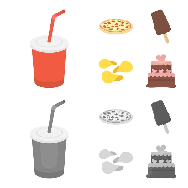 Cola, pizza, crème glacée, chips.Fast food set collection icônes en dessin animé, monochrome style vectoriel symbole illustration web . — Image vectorielle