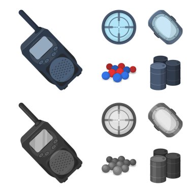 Top boya ve diğer ekipmanlar ile. Paintball tek simge karikatür, tek renkli stil vektör simge stok çizim web.