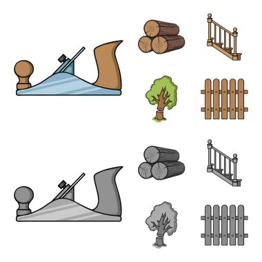 Bir yığın, uçak, ağaç, Merdiven küpeşte ile açar. Kereste ve ahşap çizgi film, tek renkli stil vektör simge stok çizim web simgeler ayarla.