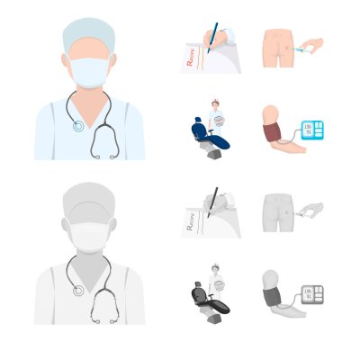 Kas içi enjeksiyon reçete, diş hekimi, kan basıncı ölçüm. Medicineset toplama simgeler karikatür, tek renkli stil vektör simge stok çizim web.