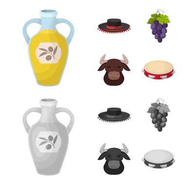 Todeador, matador, bir avuç üzüm ile yumruk, bir boğa için İspanyol boğa güreşi, bir tef şapka. İspanya ülke toplama simgeler çizgi film, tek renkli stil vektör simge stok ayarla.