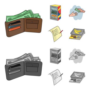 Satınalma, ürünler, alışveriş, vitrin. Süpermarket toplama simgeler çizgi film, tek renkli stil vektör simge stok çizim web ayarla..