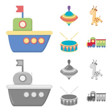 Gemi, yule, zürafa, davul. Oyuncak toplama simgeler çizgi film, tek renkli stil vektör simge stok çizim web ayarla..