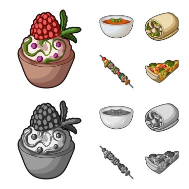 Ahududu, Yeşiller, sebze sosis, şişleri sebze vejetaryen çorbası ile pasta. Vejetaryen yemekleri toplama simgeler çizgi film, tek renkli stil vektör simge stok illüstrasyon ayarla.